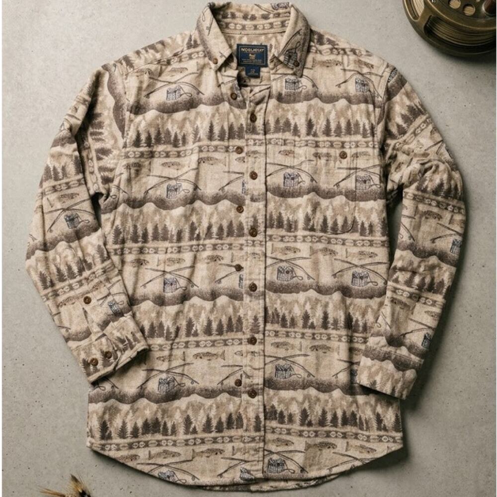 Woolrich Fly Fishing Trout Novelty Print Button Down Shirt Mens M Cabin Core
